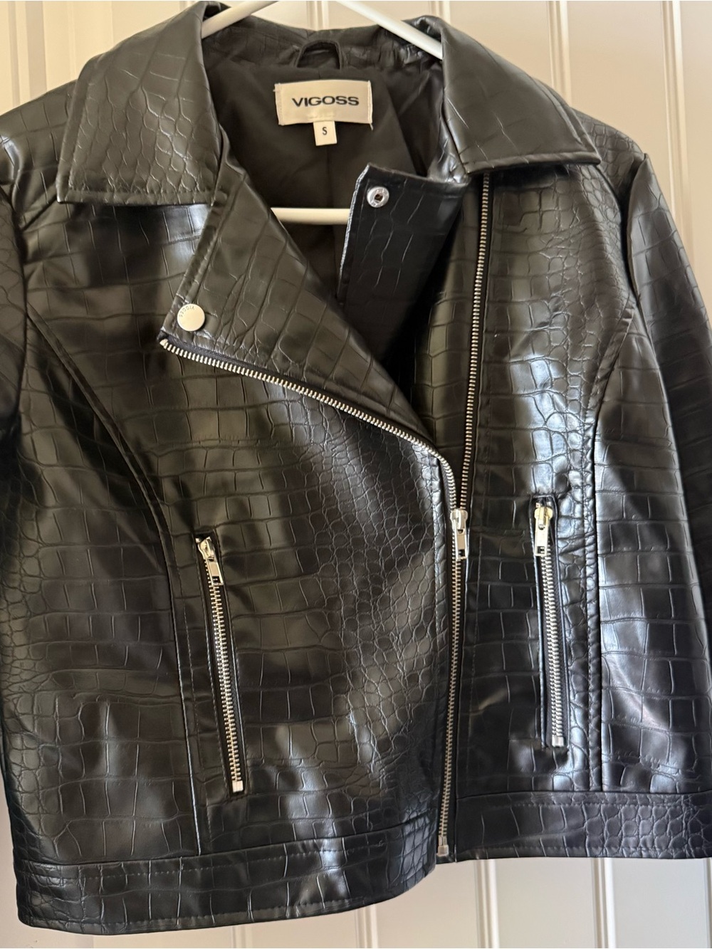 Vigoss Black Croc-Embossed Faux Leather Moto Jacket with Silver Hardware